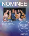 Poster advertising the American Music Awards with six women posing together; large NOMINEE text at the top and Katseye highlighted as New Artist of the Year nominee.