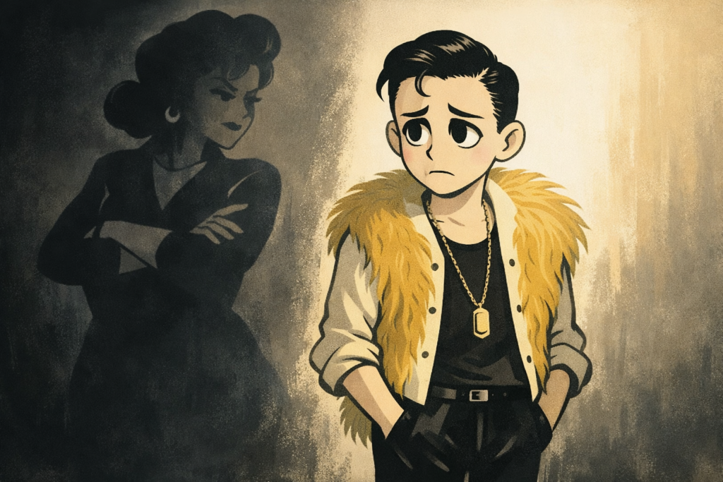 Animated character sitting alone in a tense interior to represent trauma, PTSD, and anxiety after parental abuse