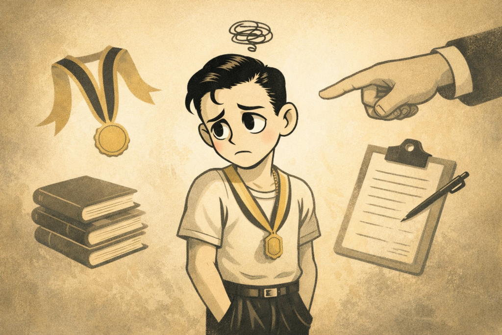 Animated character surrounded by pressure and expectations representing a childhood shaped by obligation instead of nurturing