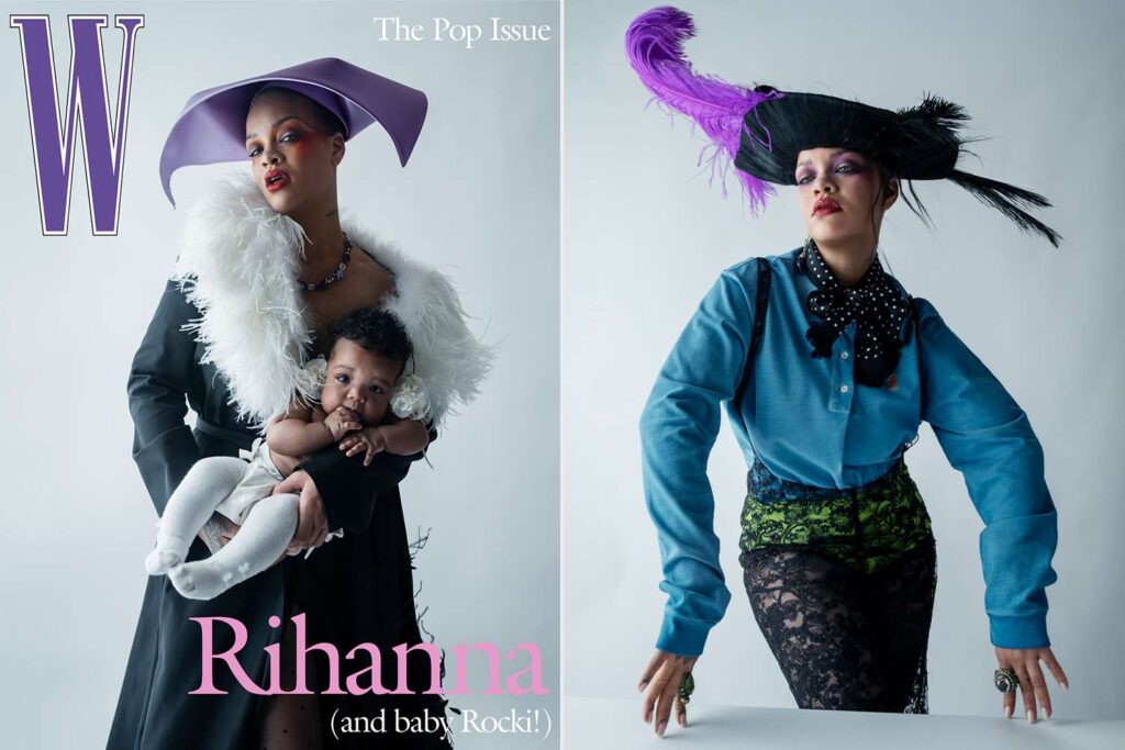 W magazine cover spread: Rihanna in a lavender hat holding her baby on the left; a second panel shows a model in blue with a black-and-purple feathered hat on the right.