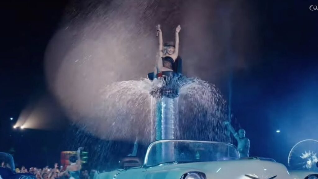 Water fountains erupt during Sabrina Carpenter’s Coachella 2026 finale performance