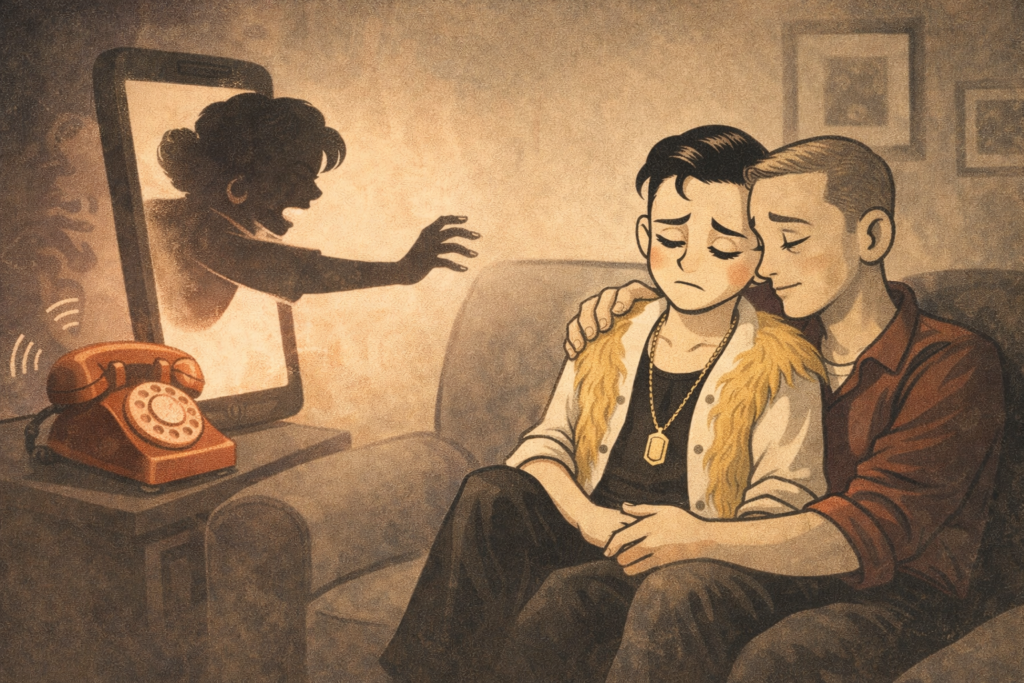 Animated illustration of a couple in a safe space while a toxic maternal presence tries to intrude from another angle