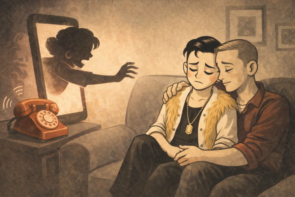Animated illustration of a couple in a safe space while a toxic maternal presence tries to intrude from another angle