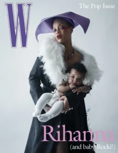 Rihanna wearing a purple hat and a white feathered scarf, holding her baby on a W magazine cover.
