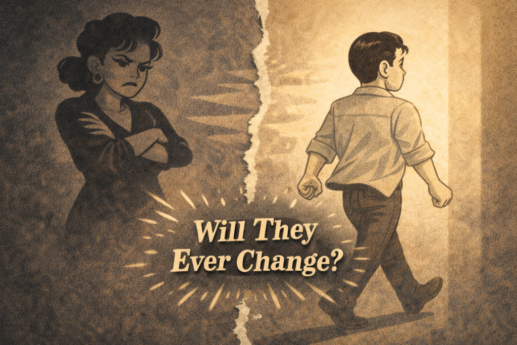 Vintage-inspired split-scene illustration showing a stern maternal figure in darkness and an animated character walking into light, symbolizing distance, boundaries, and choosing healing