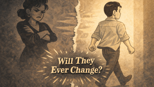 Torn vintage poster showing a confrontational woman on the left and a man walking away on the right, with the question, 'Will They Ever Change?' in the center orbiting rays.
