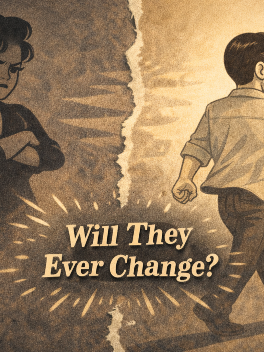 Torn vintage poster showing a confrontational woman on the left and a man walking away on the right, with the question, 'Will They Ever Change?' in the center orbiting rays.