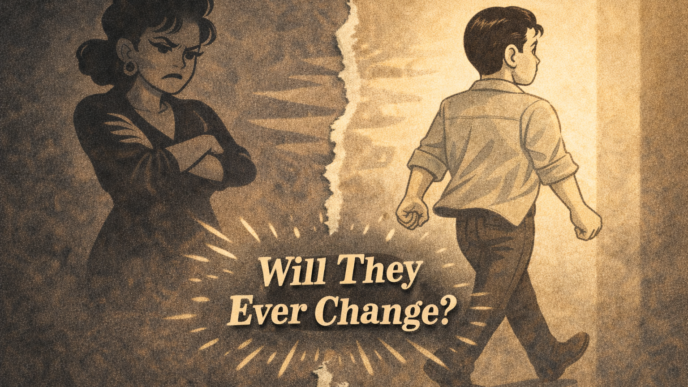 Torn vintage poster showing a confrontational woman on the left and a man walking away on the right, with the question, 'Will They Ever Change?' in the center orbiting rays.