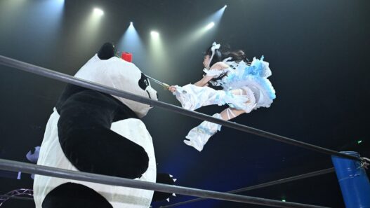 Mizuki facing Andreza Giant Panda during their whimsical TJPW Grand Princess 2026 match.