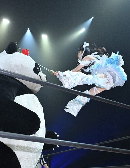 Panda mascot facing off with a female wrestler in a blue frilly outfit performing a flying kick inside a wrestling ring.