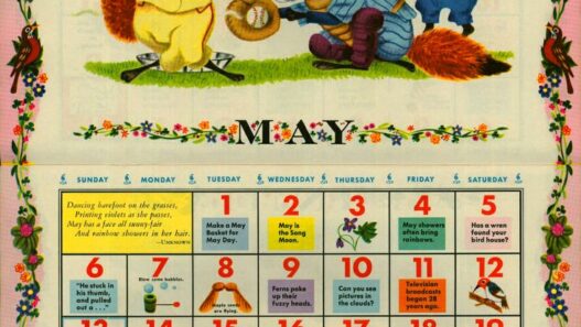 Illustrated May 1956 calendar page with three cartoon animals in a playful baseball scene and a floral border.