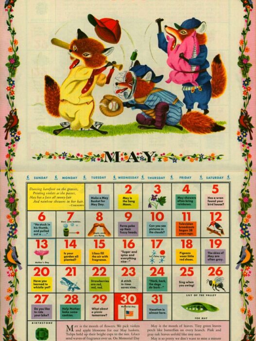 Illustrated May 1956 calendar page with three cartoon animals in a playful baseball scene and a floral border.