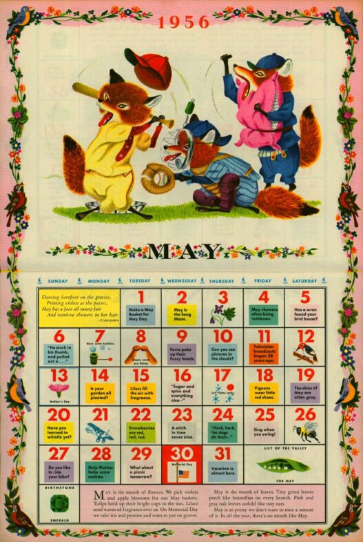 Illustrated May 1956 calendar page with three cartoon animals in a playful baseball scene and a floral border.