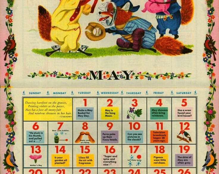 Illustrated May 1956 calendar page with three cartoon animals in a playful baseball scene and a floral border.