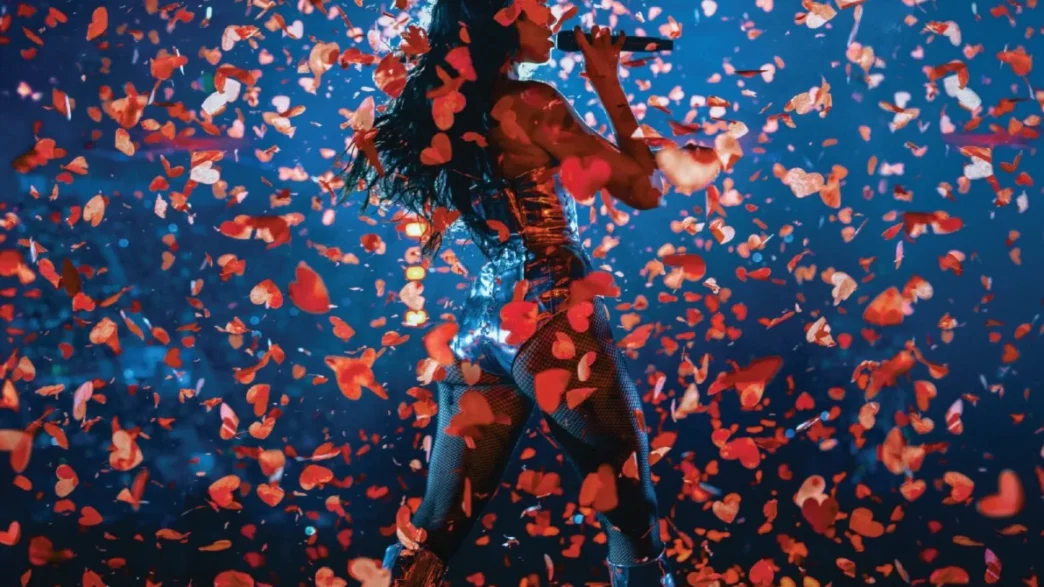 Dua Lipa performing during her Radical Optimism Tour in Mexico City.