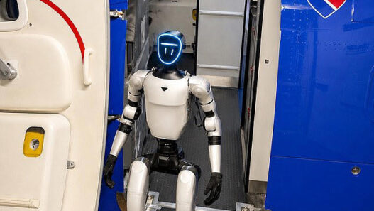 Humanoid robot standing on the boarding stairs at an open airplane door, blue exterior with a heart logo.