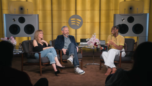 Kylie Minogue and director Michael Harte speaking during their Spotify London conversation about the KYLIE documentary