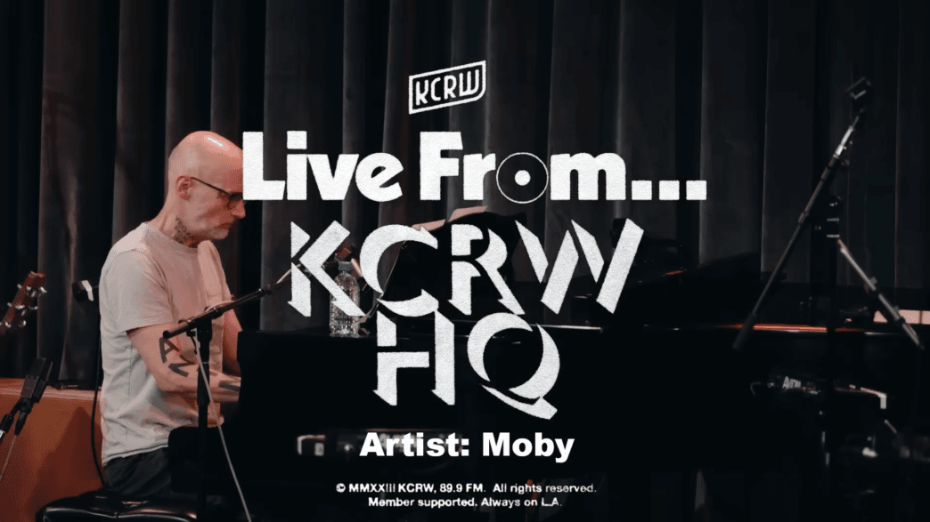 Moby performing a stripped‑down live set at KCRW’s Annenberg Performance Studio.