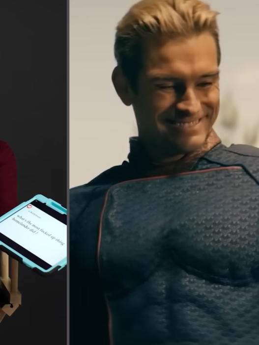 Split-screen: left panel shows a bearded man in a maroon suit and glasses speaking, with a tablet in view; right panel shows a man in blue armor smiling beside a child in the foreground.