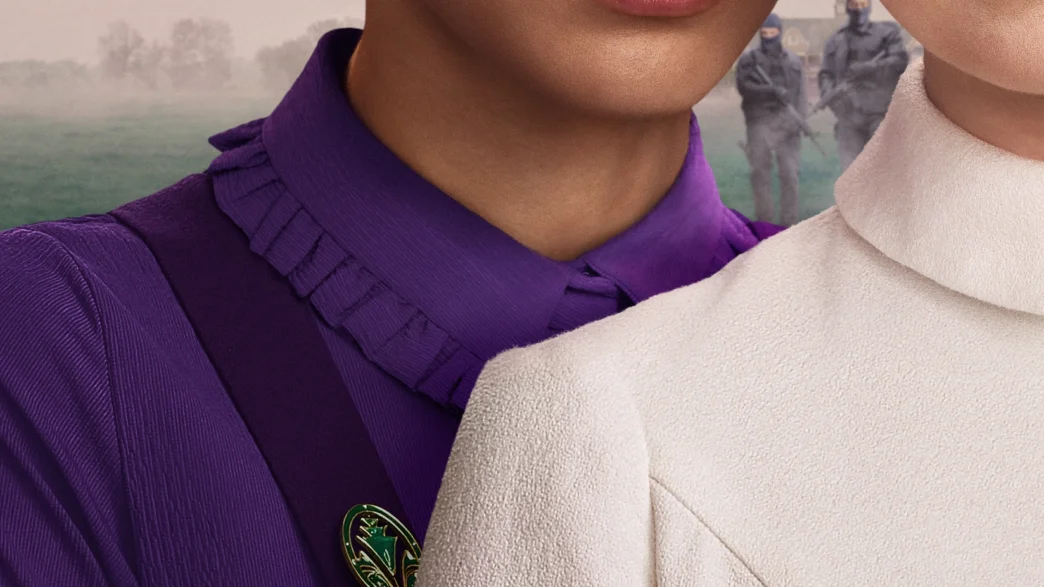 Scene from Hulu’s “The Testaments” featuring teens inside Gilead’s elite preparatory school