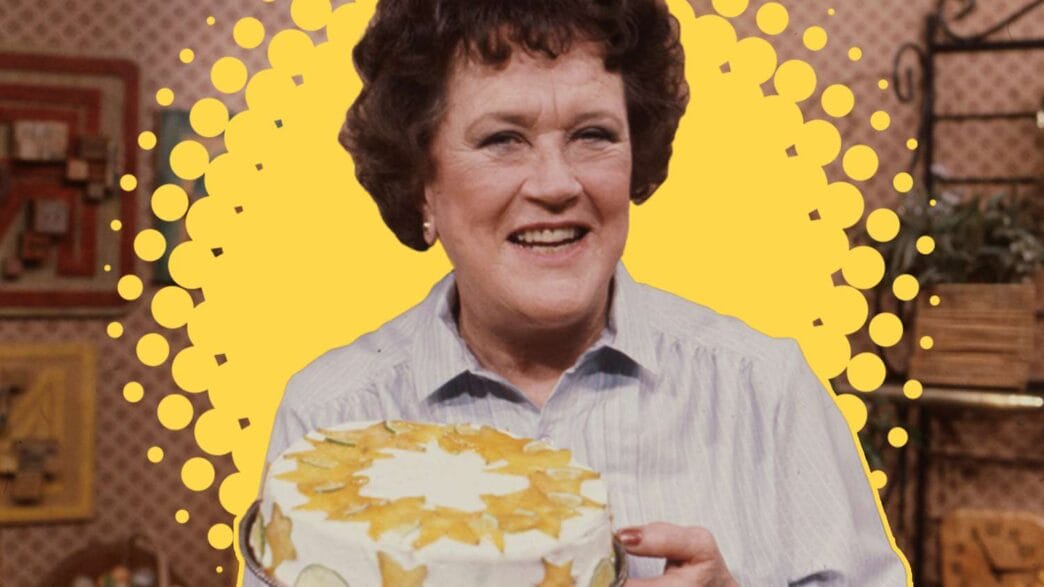Julia Child reacting emotionally while tasting Nancy Silverton’s Crème Fraîche Brioche Tart on “Baking with Julia.”