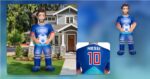 A 10-foot Lionel Messi inflatable in a front yard alongside product detail views of the blue Lowe’s jersey.