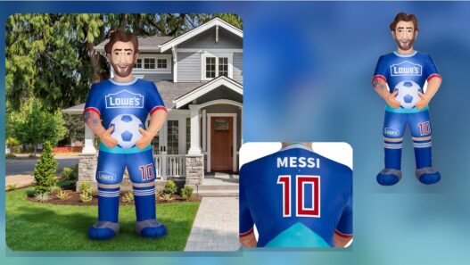 A 10-foot Lionel Messi inflatable in a front yard alongside product detail views of the blue Lowe’s jersey.