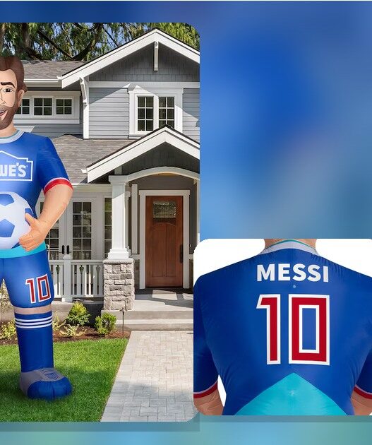 A 10-foot Lionel Messi inflatable in a front yard alongside product detail views of the blue Lowe’s jersey.