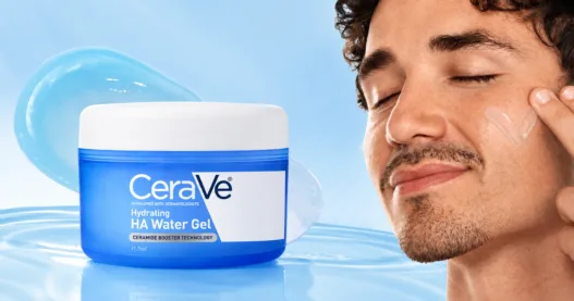 CeraVe Hydrating HA Water Gel jar with a model applying gel moisturizer against a soft blue skincare background.