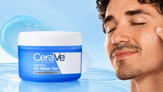 CeraVe Hydrating HA Water Gel jar with a model applying gel moisturizer against a soft blue skincare background.
