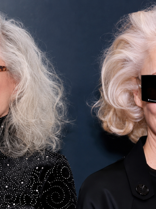 Side-by-side cropped headshot composite of Debbie Harry and Pamela Anderson in sleek black fashion looks, styled with silver and platinum blonde hair for an entertainment story header.