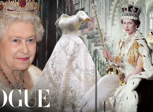 Vogue cover collage: crowned elderly woman left, white lace dress on a dress form center, queen on a throne right.