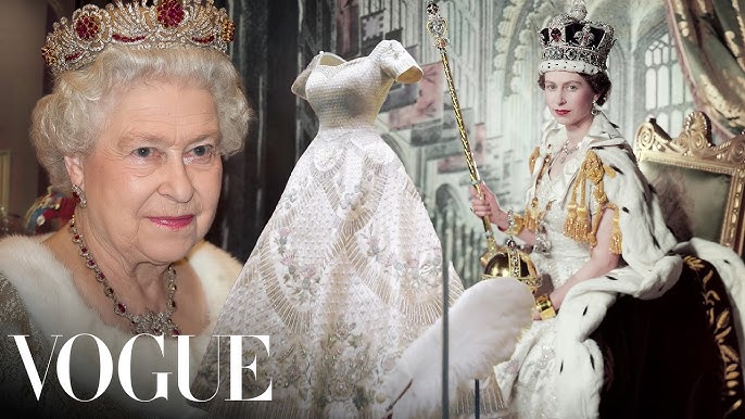 Vogue cover collage: crowned elderly woman left, white lace dress on a dress form center, queen on a throne right.