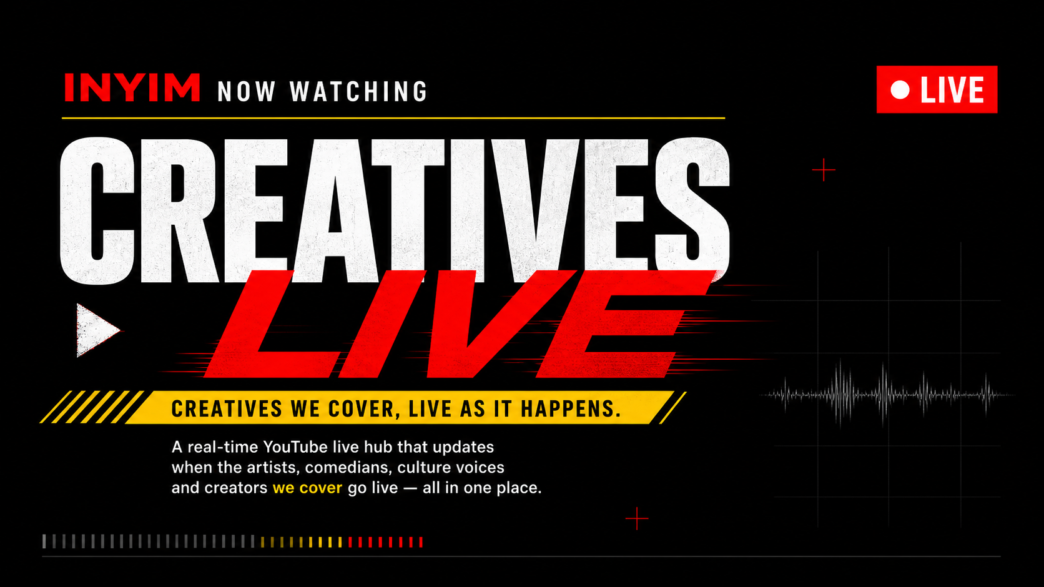 Promotional banner for INYIM Now Watching: Creatives Live, a real-time YouTube live hub with bold red and white typography on a black background