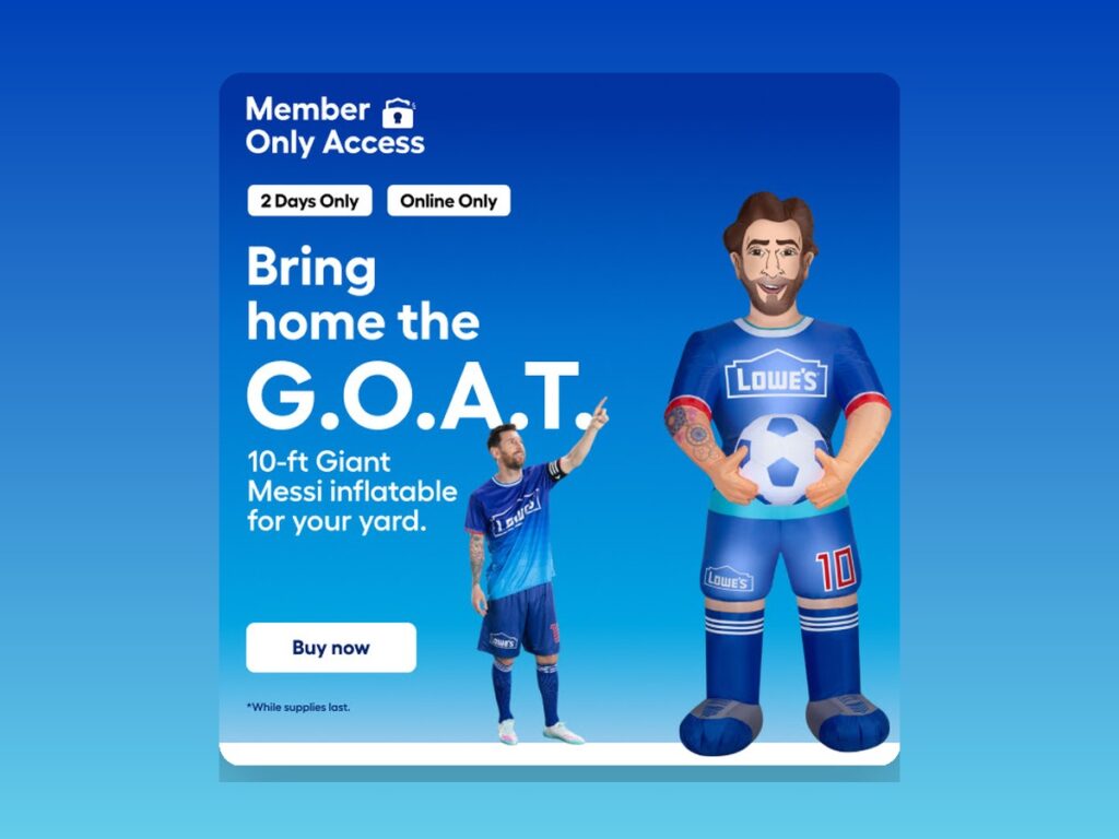Lowe’s promotional graphic for a 10-foot Giant Messi inflatable with Lionel Messi standing beside the yard decoration.