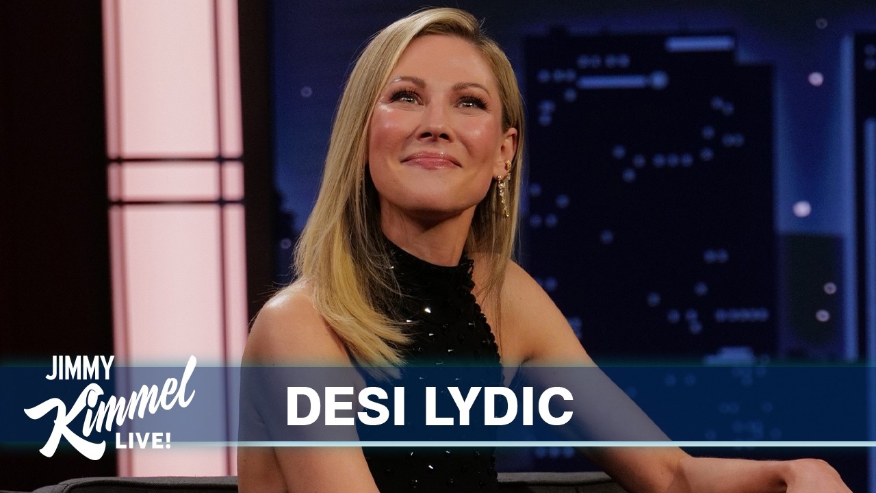 Desi Lydic during a Jimmy Kimmel Live! interview, smiling on set with the show's logo overlay on screen.