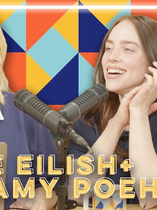 Two women sit at microphones in a colorful geometric studio, smiling during a podcast with Billie Eilish and Amy Poehler mentioned on the thumbnail.