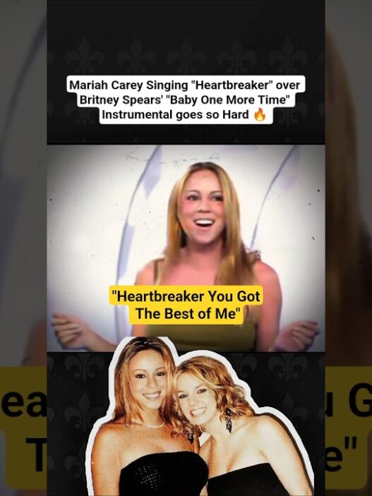 Collage-style video still: smiling woman performing, yellow caption 'Heartbreaker You Got The Best of Me', bottom photo of two women.