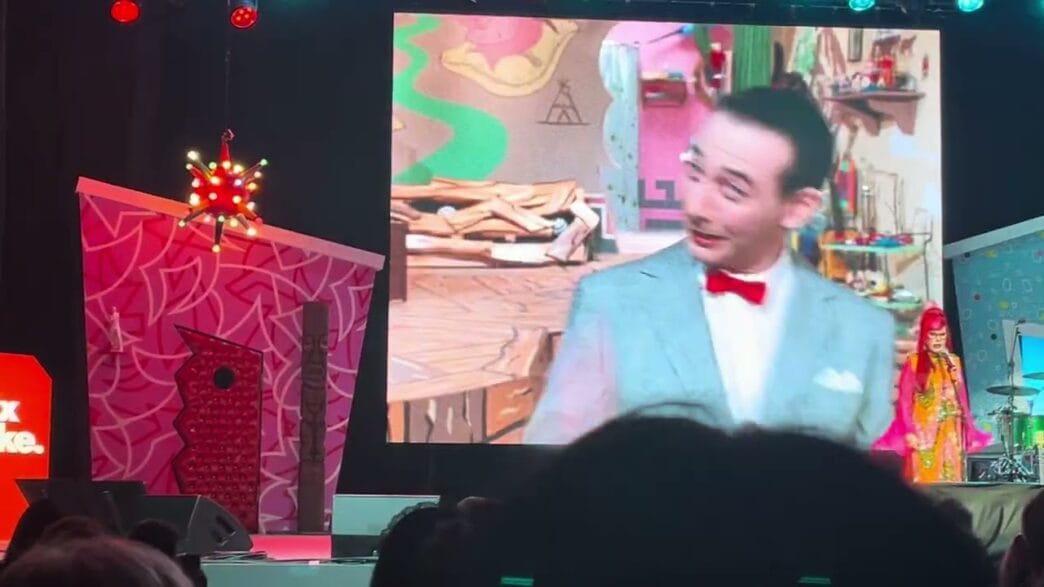 Kate Pierson performs the Pee‑wee’s Playhouse theme at Netflix’s 40th Anniversary Tribute Concert.