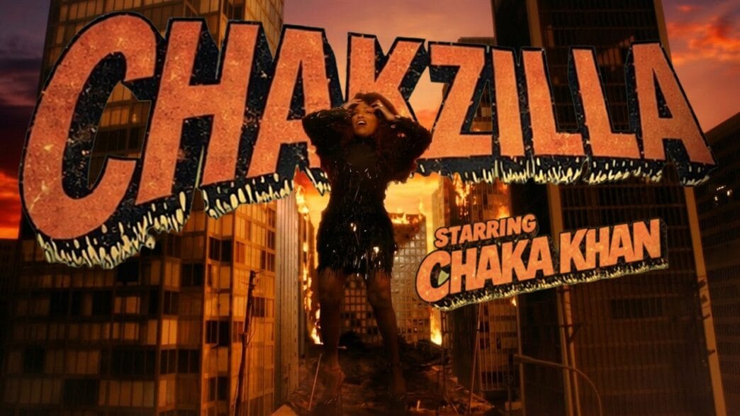 Chaka Khan in the bold, comic‑styled “Chakzilla” music video.