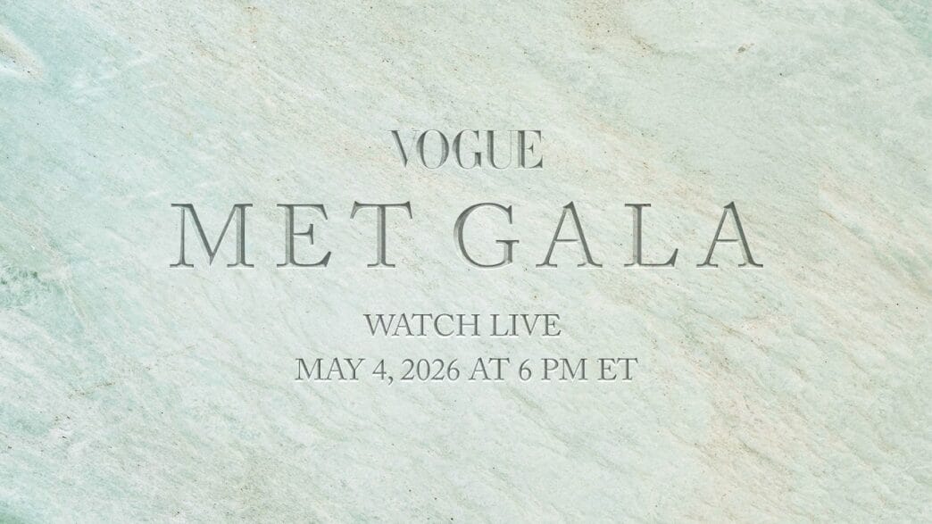 Vogue Met Gala poster on a pale teal marble background announcing a live stream on May 4, 2026 at 6 PM ET.