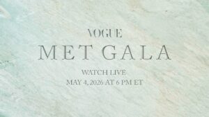 Vogue Met Gala poster on a pale teal marble background announcing a live stream on May 4, 2026 at 6 PM ET.