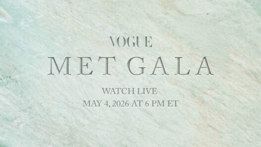 Vogue Met Gala poster on a pale teal marble background announcing a live stream on May 4, 2026 at 6 PM ET.