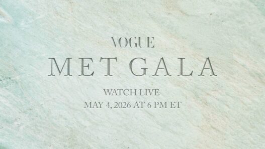 Vogue Met Gala poster on a pale teal marble background announcing a live stream on May 4, 2026 at 6 PM ET.