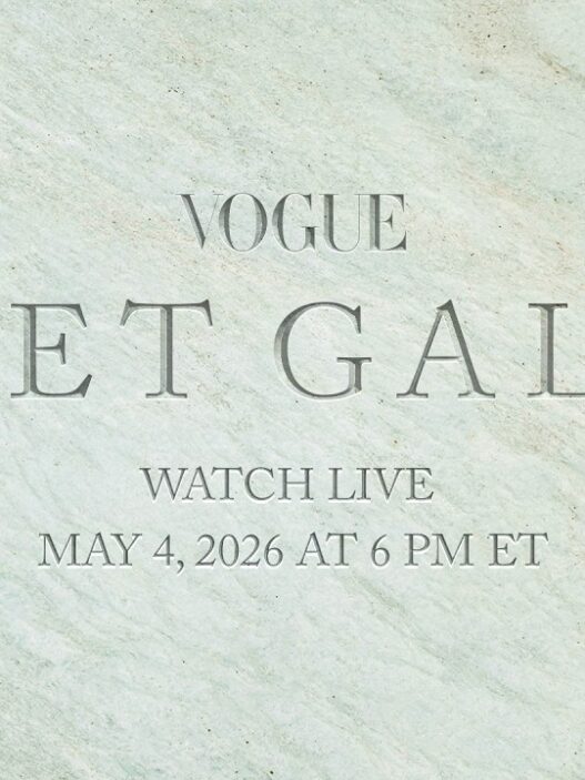 Vogue Met Gala poster on a pale teal marble background announcing a live stream on May 4, 2026 at 6 PM ET.