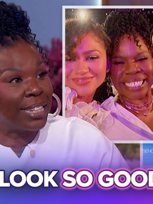 Black woman in a white blouse speaks on a talk-show set, with inset photos and the caption 'I LOOK SO GOOD!'