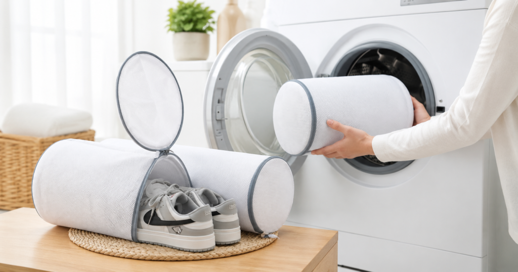 White mesh shoe laundry bag with sneakers beside a front-loading washing machine in a bright laundry room.