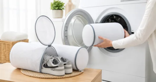 White mesh shoe laundry bag with sneakers beside a front-loading washing machine in a bright laundry room.