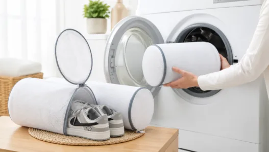 White mesh shoe laundry bag with sneakers beside a front-loading washing machine in a bright laundry room.