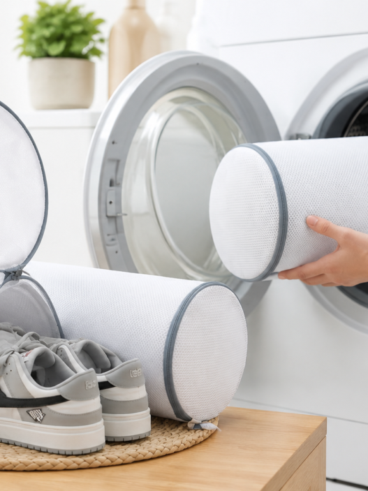 White mesh shoe laundry bag with sneakers beside a front-loading washing machine in a bright laundry room.